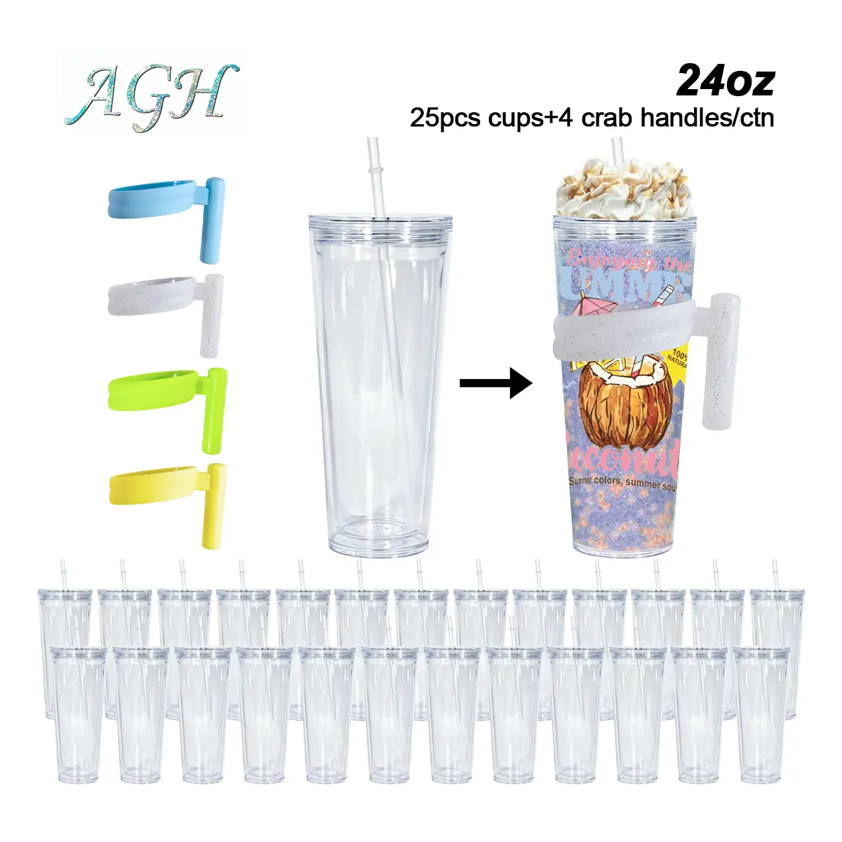 Agh 8/15/25pcs 24oz Acrylic Double Walled Snow Globe Cup Sublimation Plastic Clear Tumbler with Straw Drinkware Wholesale Waterbottletumbler Portable