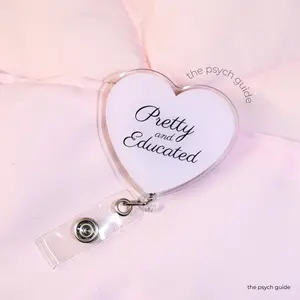 tpg | pretty and educated badge reel | baby pink heart shaped badge reel for students, nurses, healthcare workers | the psych guide pretty and educated badge reel