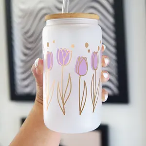 Sip-Sip Hooray! 16oz Purple Tulip Glass Cup – Floral Iced Coffee Tumbler with Lid & Plastic and Glass Straws, Mother’s Day Gift, Reusable Aesthetic Drinkware for Her Bamboo Water Bottle Handmade Printed