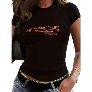 A Relaxed And Straightforward Round-Neck Printed Short-Sleeve Crop Top That Fits Snugly, Perfect for Summer, Designed for Women