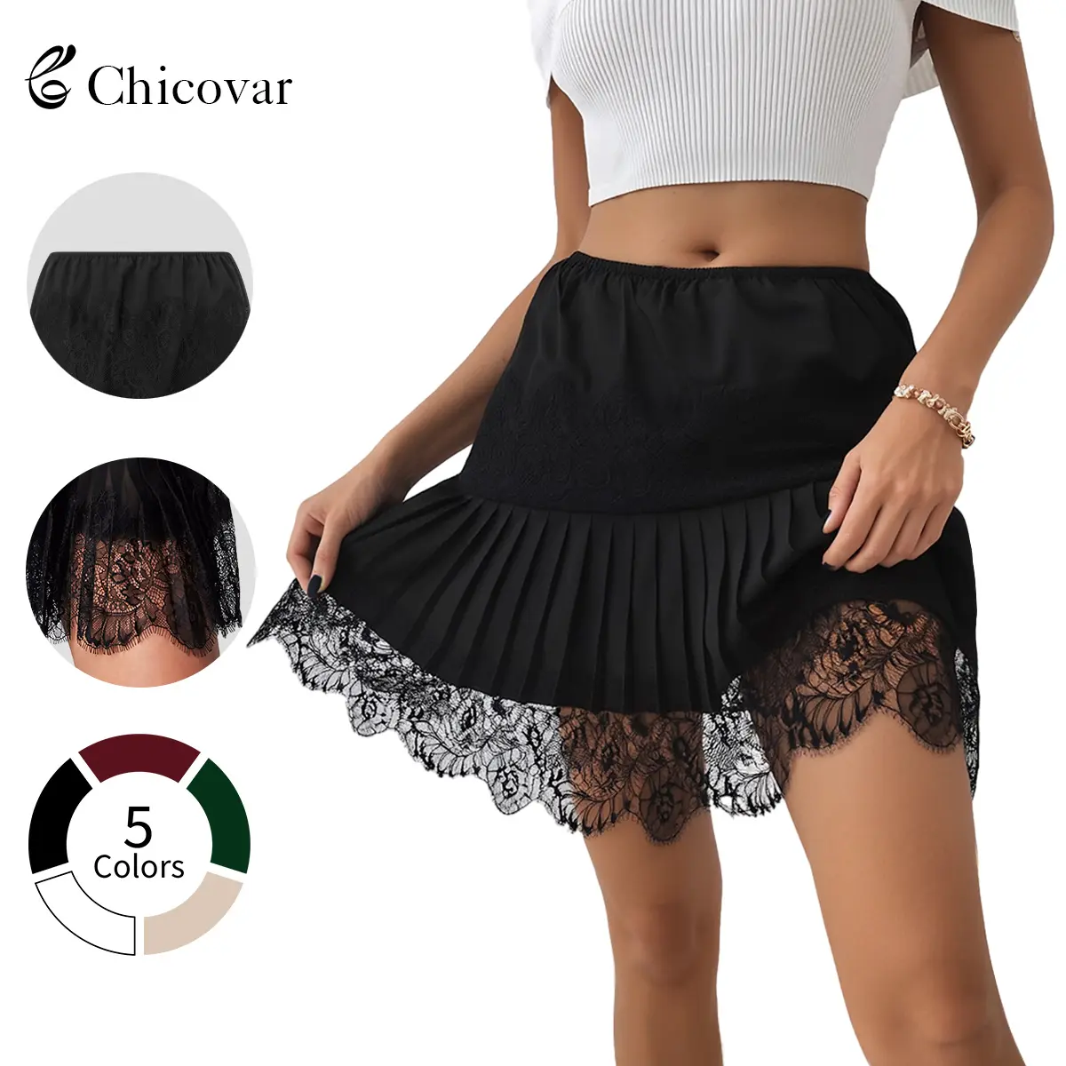 Chicovar Women's Lace Mini Skirts Casual Stretchy Waist Solid Color Loose Fit Pleated Skirts Summer A-line Skirts Perfect for Fall Layering, Holidays, Vintage look, NO Shorts Bottom, Summervibes