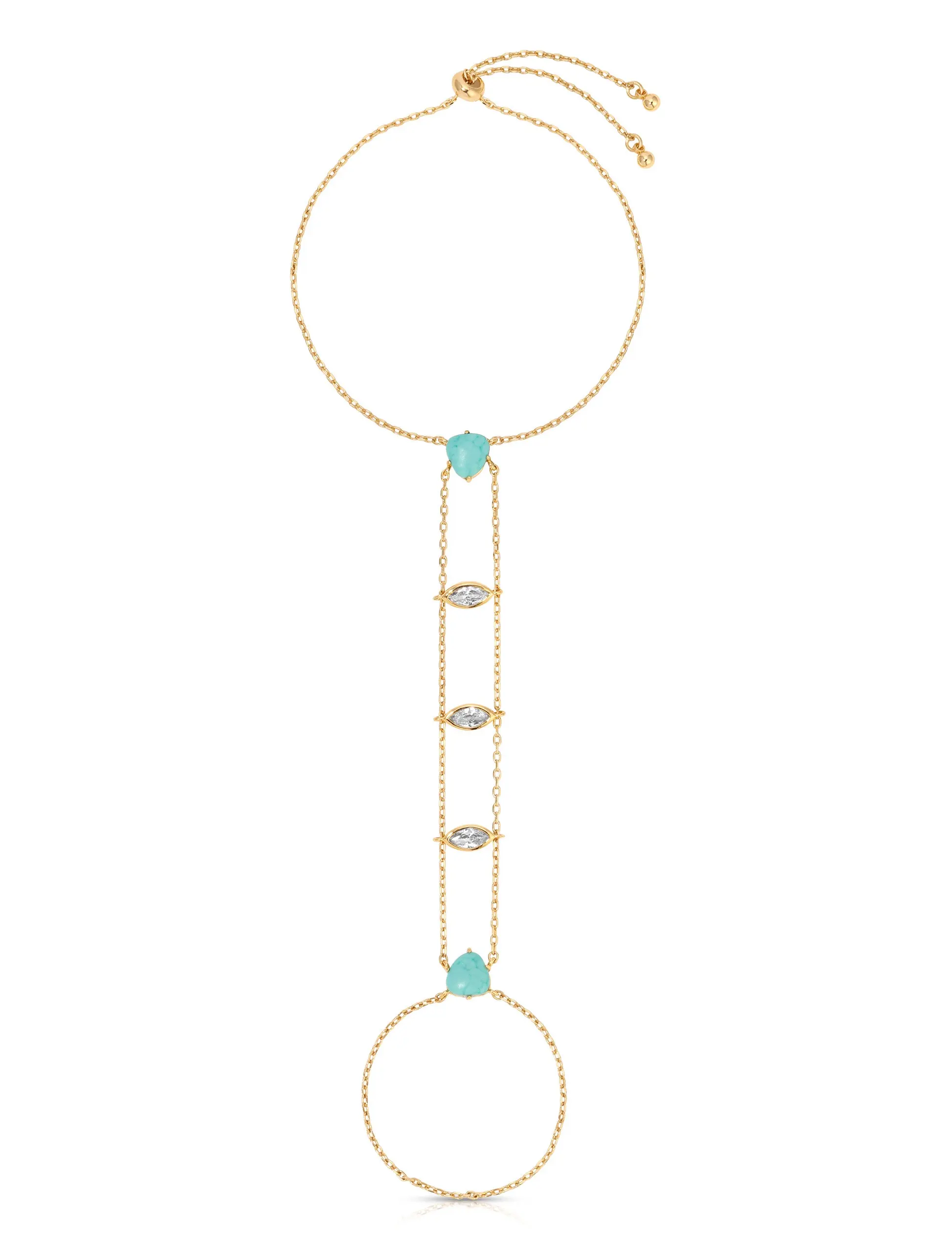 Ettika Turquoise Solstice Hand Chain 18k Gold Plated Brass Reconstituted Turquoise Blue Bracelet Stackable Cuban Link Bohemian Elegance for Adults
