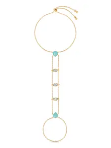 Ettika Turquoise Solstice Hand Chain 18k Gold Plated Brass Reconstituted Turquoise Blue Bracelet Stackable Cuban Link Bohemian Elegance for Adults