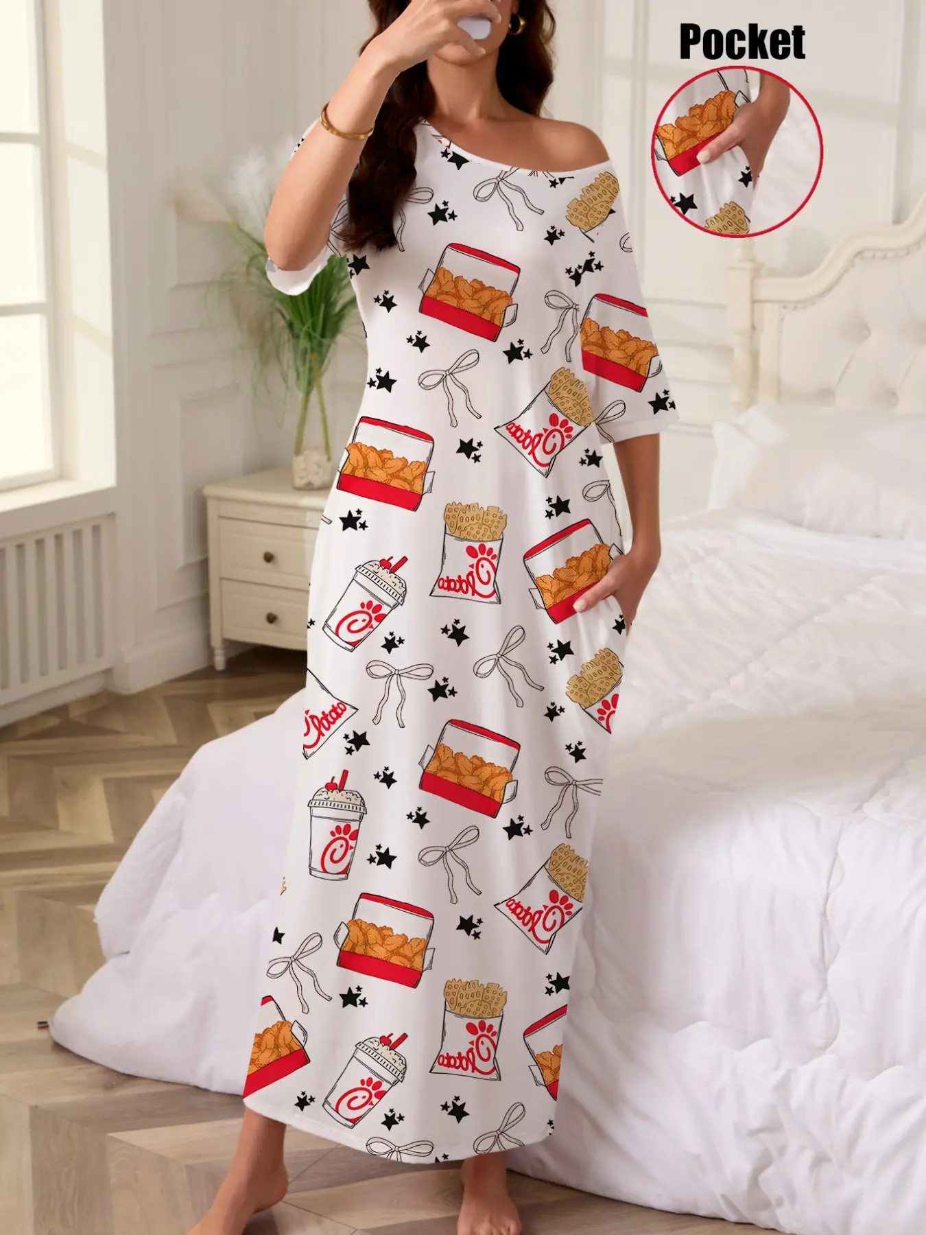 Women's Casual French Fry Chicken Drink Bowknot Printed Nightdress Robe with Pockets, Loose Fit Short Sleeve Long Dress, All-Season Loungewear, Stylish Nightwear, Printed Nightgown