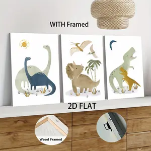 3pcs Framed  Cartoon Dinosaur Themed Design Kids Room Decor Modern Minimalist Canvas Painting with Wooden Frame Boys Bedroom Wall Art Animal Theme Mural Living Room Wall Hanging Nordic Style Home Decoration Decorative Artwork 2D Fla