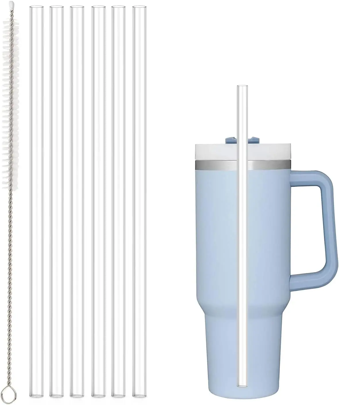 6-Pack Replacement Straws Compatible with Stanley 40 oz & 30 oz Tumbler – Reusable Clear Plastic Straws with Cleaning Brush