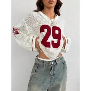 Women's & Men's Couple Same Style Streetwear Casual Knit & Number Printed Oversized Jersey Cover Up Sweater Tops For School In Fall/Winter