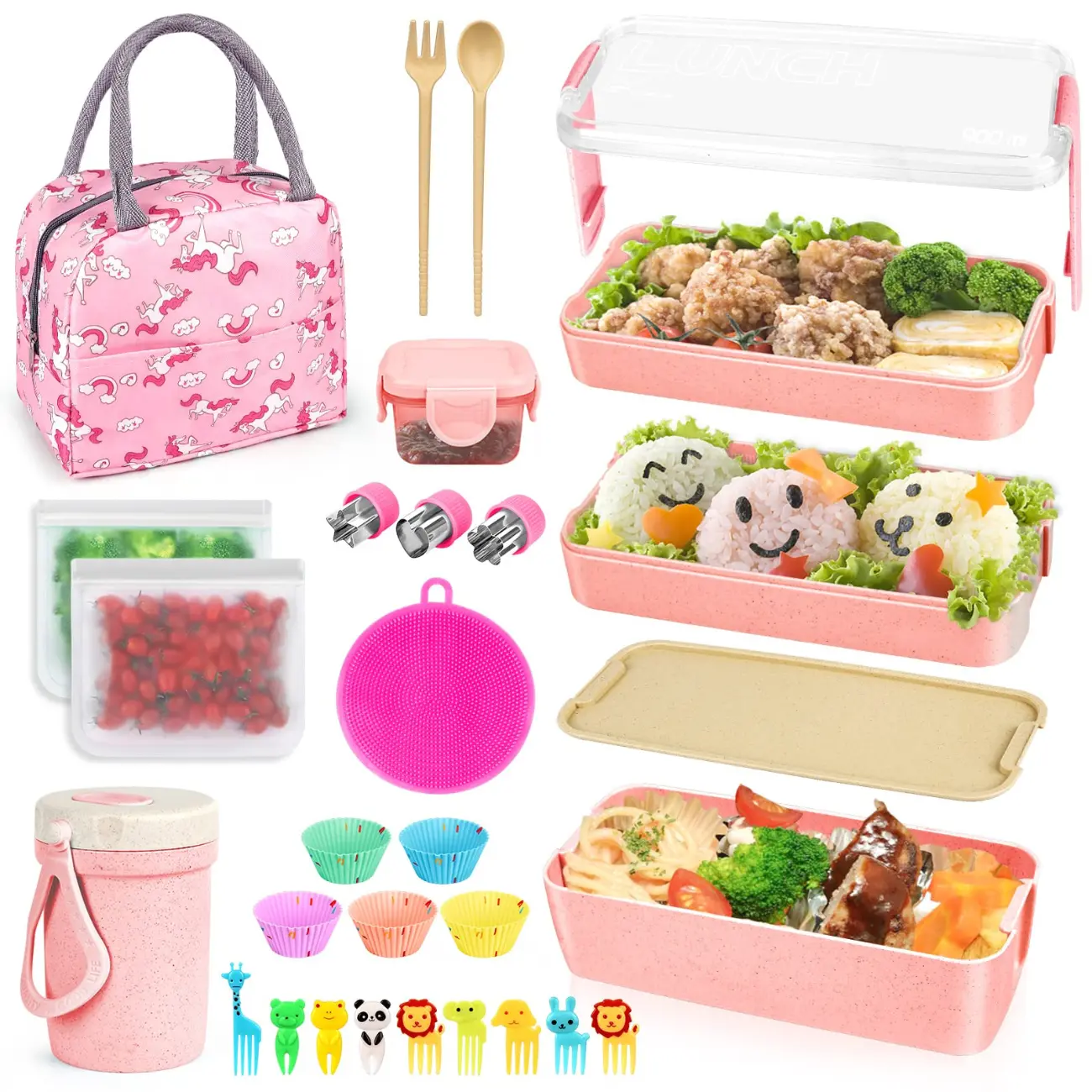 Modern 27 PCS Bento Box Lunch Kit - Stackable 3-in-1 Microwavable Lunch Containers with Leakproof Design, Utensils, Reusable Snack Box & Meal Prep Organiser, Pink Tableware