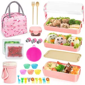 27 PCS Bento Box Lunch Kit – Stackable 3-in-1 Meal Prep Containers with Utensils, Snack Bags & Leakproof Design, Pink Tableware