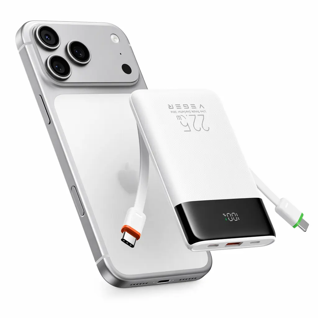 VEGER 22.5W Fast Charging Portable Charger, Slim 10000mAh Power Bank with Built-in Cables, Small USB C Battery Pack for iPhone iPad Samsung Galaxy Pixel LG Moto, Flight Safe, Travel Essential
