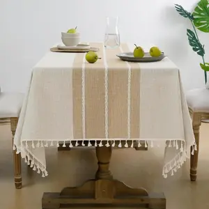 Outdoor Rectangle Waterproof Linen Cotton Tablecloth with Tassel, Heavy Weight Wrinkle Free Fabric for Dining/Party/Rustic, 55 x 70 In, Coffee Lines