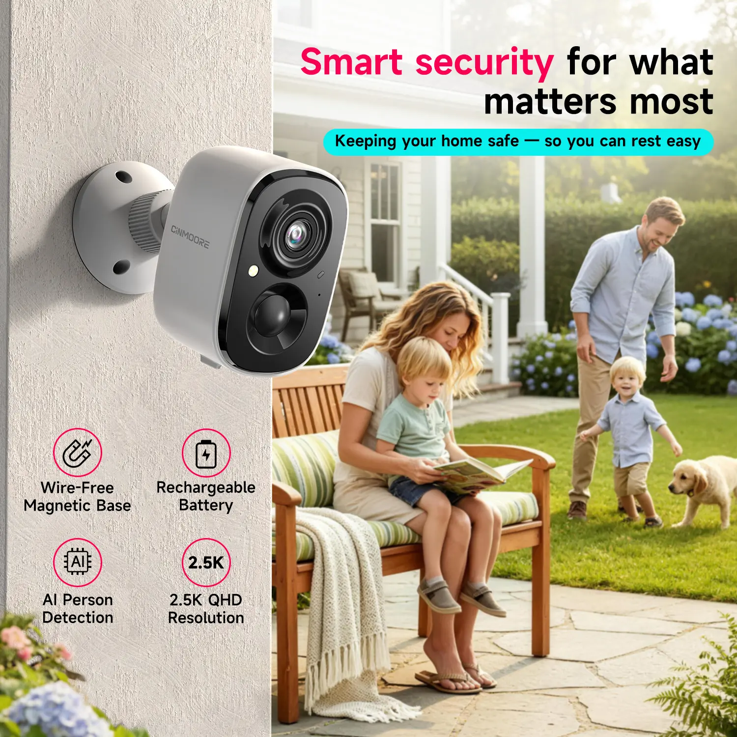 CINMOORE 2.5K Wireless Magnetic Security Camera HD Video Full-Color Night Vision Motion Detection Wi-Fi Smartphone Control Lens Outdoor Indoor 2.4G WiFi