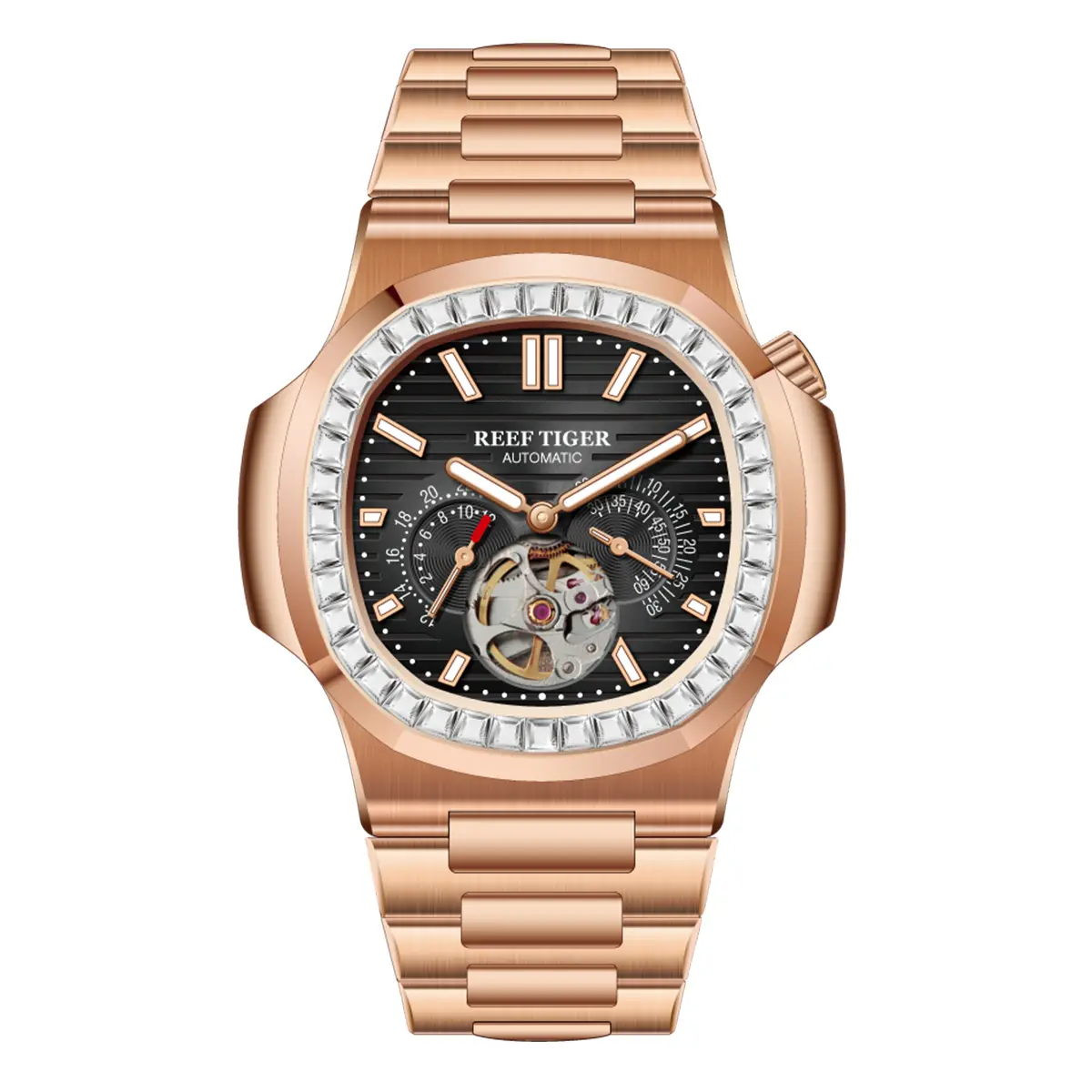 REEF TIGER Men's Square Face Business Look Automatic Mechanical Watch - 44Mm, Automatic Movement, 30M-50M Waterproof Luminescent, Sapphire Crystal, Stainless Steel Strap & Clasp, Chic Fashion Men's Wristwatch, Business Casual Analog-Digital All-Match