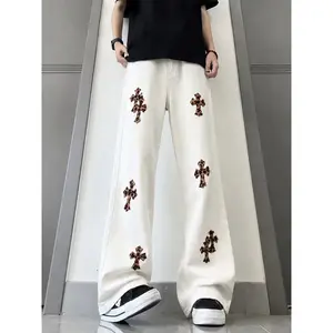Men’s white wide-leg denim pants — straight-leg jeans with leopard cross patchwork, Y2K street style, casual loose fit summerwins