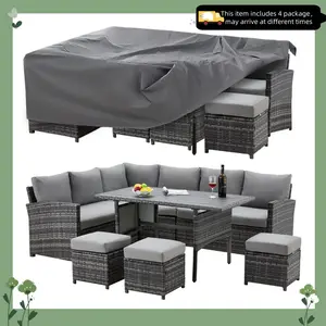【3/4/5 Packages Shipping】YODOLLA Patio Furniture Set with Cover, 7 Pieces Outdoor Sectional Sofa Conversation Set All Weather Wicker Rattan Couch Dining Table & Chair with Ottoman Lounge Stools
