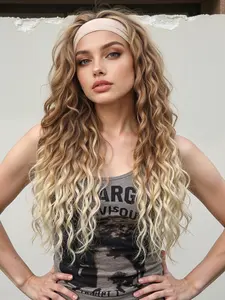 Headband Wig Long Wavy Headband Wigs, 180% Density Glueless Half Wig As Human Hair None Lace Front Wigs Wear and Go Synthetic Hair with Headband Attached Synthetic Fiber Wig