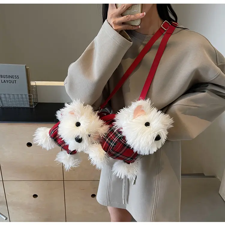 Realistic Westie Dog Plush Crossbody Bag - Cute Synthetic Fur Animal Shape Purse with Plaid Vest, Shoulder Strap, Phone-Fit Design, Key-Holding Capacity, Fast US Shipping, 2026 Birthday Gift (Home & Festive Party Supplies), Purses for Women