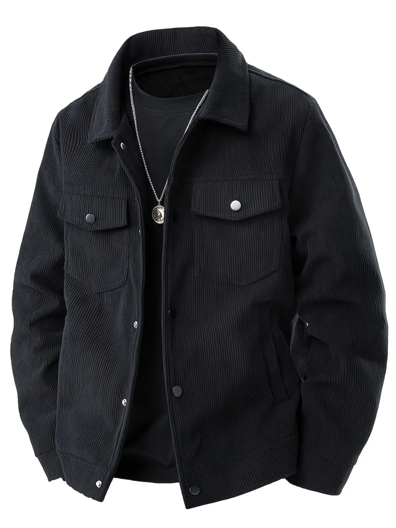 Men's Corduroy Cargo Jacket - Black, Multi-Pocket Design with Flap Pockets, Front Buttons, Long Sleeves, Casual Style, Machine Washable, Polyester, Solid Color Jackets