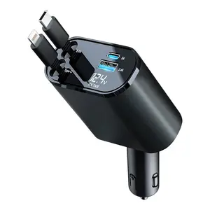 4 in 1 Retractable Car Charger, USB C Fast Charging Adapter with Lightning Cable Compatible with iPhone 16/15/14/13 Pro Max Plus, Samsung S23/S22/S10