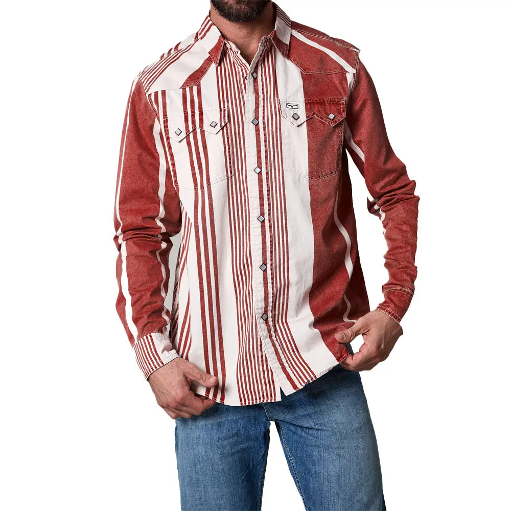Men's Traditional Western Shirt, Vintage Striped 100% Cotton Casual Snap-Up Top with Long Sleeves and Sawtooth Pockets, Casual Fashion Top