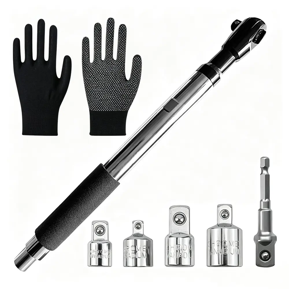 Extendable Ratchet Wrench Set, Telescopic Ratchet Handle with Drive Socket Adapters, 1/4" 3/8" 1/2" Socket Converter, Heavy Duty Automotive Repair Tool Kit with Work Gloves, for tight-space fastening in engine bays, appliances, furniture and plumbing