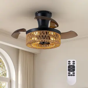 28" Boho Black Rattan Ceiling Fans with Lights and Remote Control, Farmhouse Caged Rattan Fandelier Invisible Blades Retractable Ceiling Fan for Dining Room, Bedroom, Living Room,Kitchen and Patio