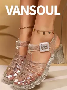 Vansoul Beach Shoes, Sparkly Crystal Jelly Sandals, Hollow Out Roman Slippers, Thick Sole Summer Footwear for Women, Student Shoes, High Platform Sandals