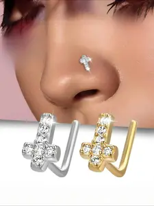 1pc S925 Silver Nose Stud with Cross Design, Hypoallergenic Faux Body Piercing Jewelry, Vintage Elegant Style, Cubic Zirconia Embellished,   Wedding Season Accessory, Cute Nose Piercing, Nose Ring Jewelry, Trendy Fine Jewelry