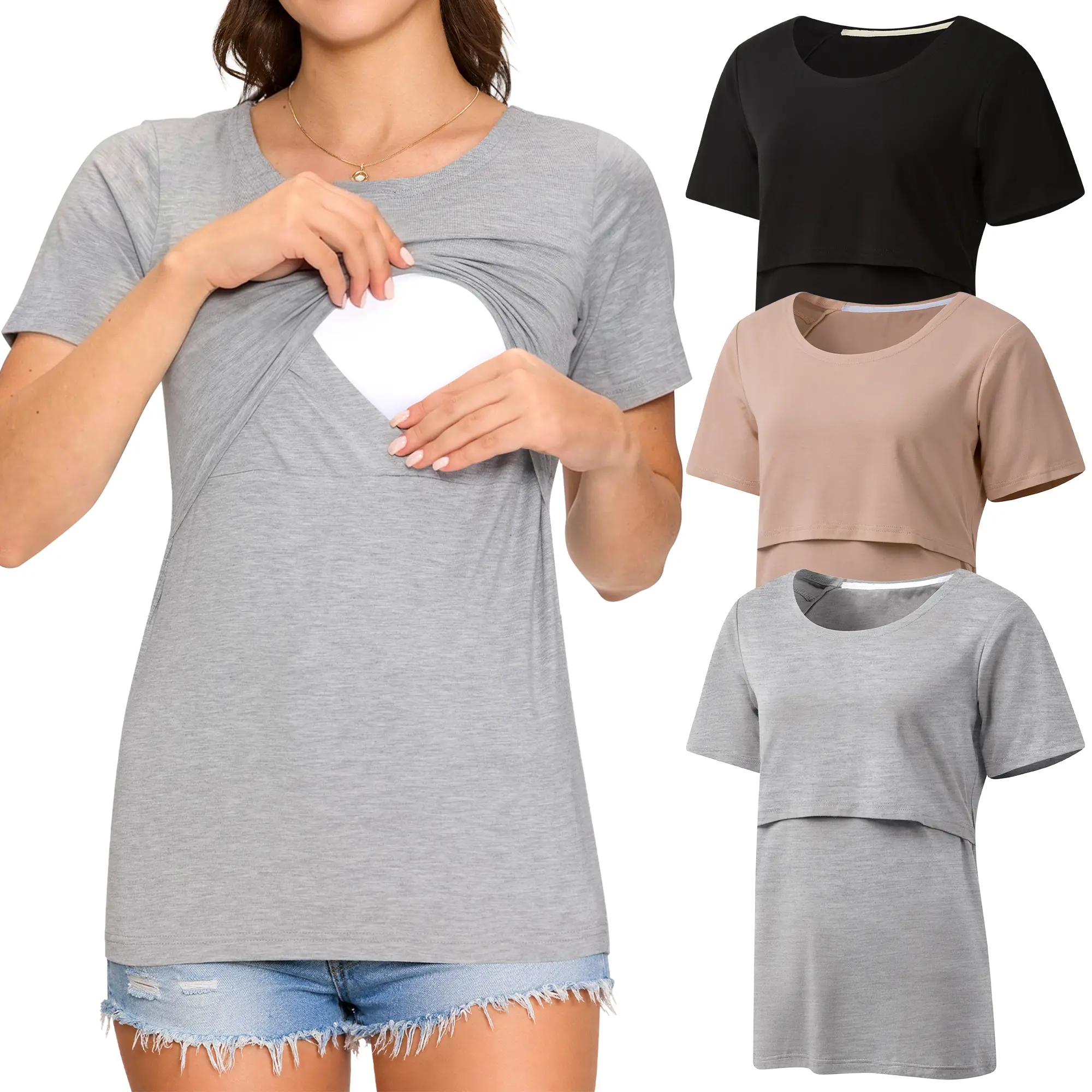 Women's 3-Pack Nursing Tops - Short Sleeve, Front Lift-Up, Double Layer, Relaxed Fit Nursing Friendly Clothes, Maternity Wear for Casual Wear, Rayon Blend