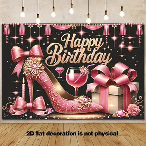 2D Flat Glitter Rose Golden Birthday Backdrop Banner cm Polyester Photography Background with Sparkling Sequin High Heels Champagne Glass Elegant Party Decor for Women New Year Christmas Holidays