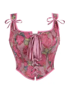 Women's Court Style Bodycon Bra Top, Casual Floral Sleeveless, Elegant Floral Print Front Tie Corset, Ribbed Shoulder Straps, Waist Cinching, Party or Daily Wear, Elegant Classy Tops