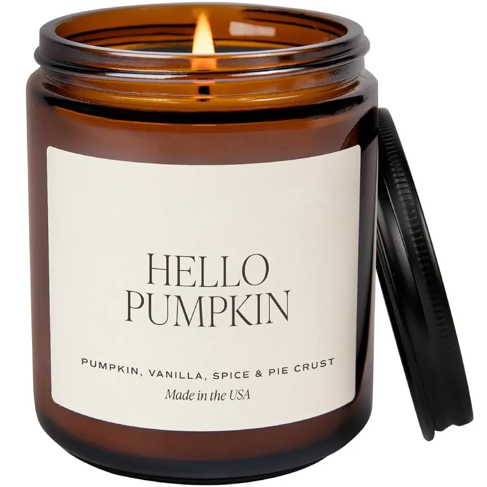 Hello Pumpkin Candle - Fall Soy Candles with Pumpkin, Warm Spices, Vanilla and Buttery Pie Crust - Pumpkin Candles for  with 40 Hours  Time - 9Oz Black Lid  Jar Candle