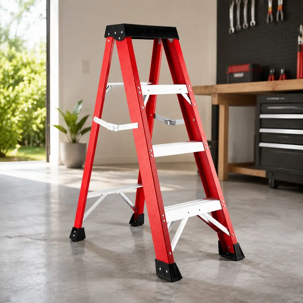 Fiberglass Step Ladder 330 lb Capacity Non-Conductive Electrical Insulation Ladder with Non-Slip Rubber Feet, 11-Inch Step Spacing, Red Aluminum Alloy & Fiberglass Construction for Home Improvement, Painting, Construction, and Electrical Work