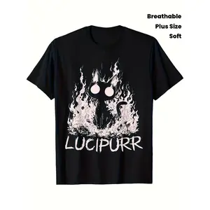 Men'S Plus Size Vintage Gothic Lucipurr Cat with Flames Graphic T-Shirt - Soft Breathable Crewneck Tee, Black & White Gothic Lettering & Lucipurr Design