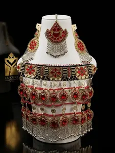 Luxury Afghan Tribal Jewelry Set for Women – Red Statement Choker Necklace, Dangle Earrings & Waist Belt Set | Boho Vintage Ethnic Bridal Jewelry