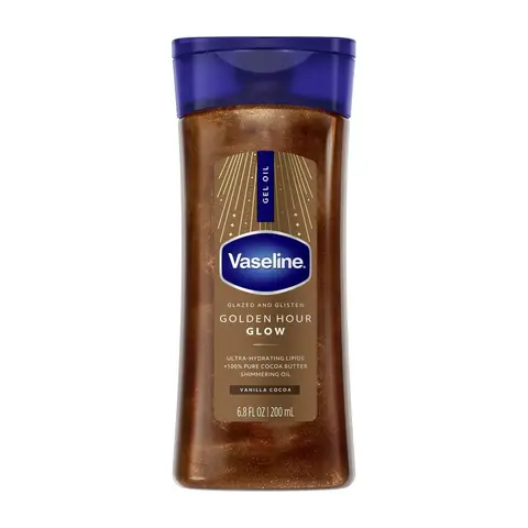 Vaseline Glazed & Glisten Warm Vanilla Cocoa Fragranced Body Care Oil - Bronze Glossy Blend, Golden Hour Glow, 6.8 fl oz, Full Body, All Skin Types, Hydration Boost, Gel, Long-Lasting Shine, Skin-Friendly, Single Bottle, Fragranced Body Oil
