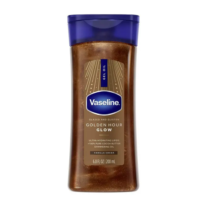 Vaseline Glazed & Glisten Warm Vanilla Cocoa Fragranced Body Care Oil - Bronze Glossy Blend, Golden Hour Glow, 6.8 fl oz, Full Body, All Skin Types, Hydration Boost, Gel, Long-Lasting Shine, Skin-Friendly, Single Bottle, Fragranced Body Oil