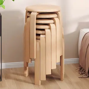 Stackable Bentwood Stool Set of 6, 18" Round Backless Nesting Dining Stool, Anti-Slip Felt Pad Natural Wood Stacking Dining Chair, Armless Kitchen Counter Stool, School Classroom Guest Side Chair for Dining Room Kitchen Living Room Patio Party