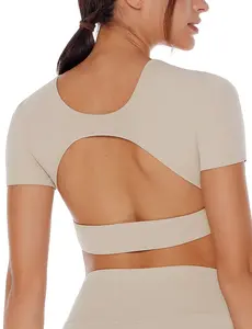 ENERBLOOM Open Back Workout Crop Tops for Women Backless Yoga Shirts Gym Short Sleeve Mild Support Compression Tee with Bra