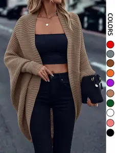 Women's Solid Color Batwing Sleeve Open Front Cape Cardigan, Casual Long Sleeve Knitwear for Daily Wear, Ladies Clothes for Fall & Winter, Tops