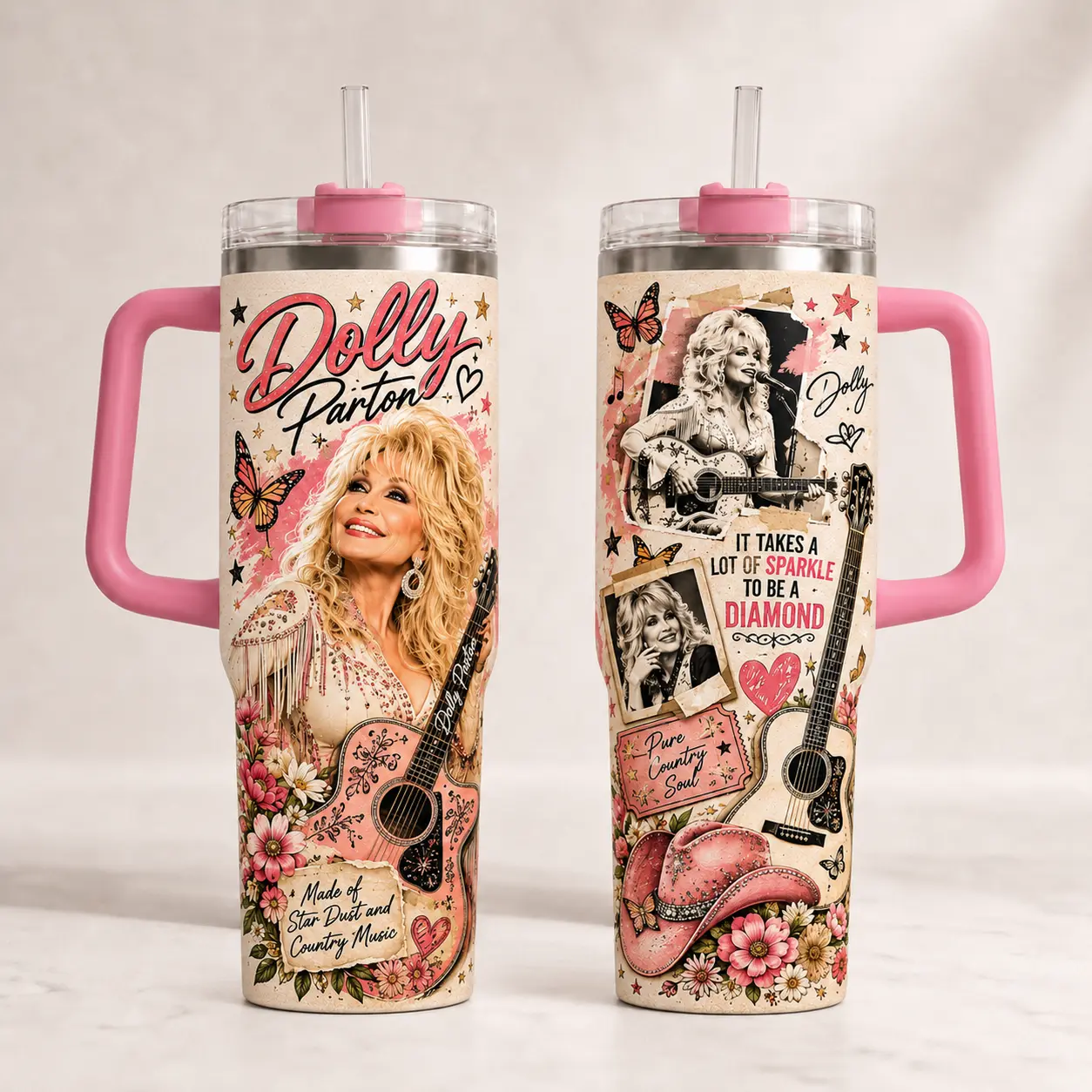 Dolly Parton 40oz Pink Butterfly Tumbler with Handle and Straw, Floral Insulated Travel Cup, Country Music Fan Gift, DollyParton, DollyPartonTumbler, 40ozTumbler,