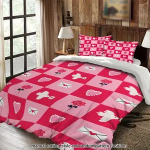 This 3-piece comforter set features a pink checkered background with patterns of doves, envelopes, hearts, and flowers. It's a suitable gift.