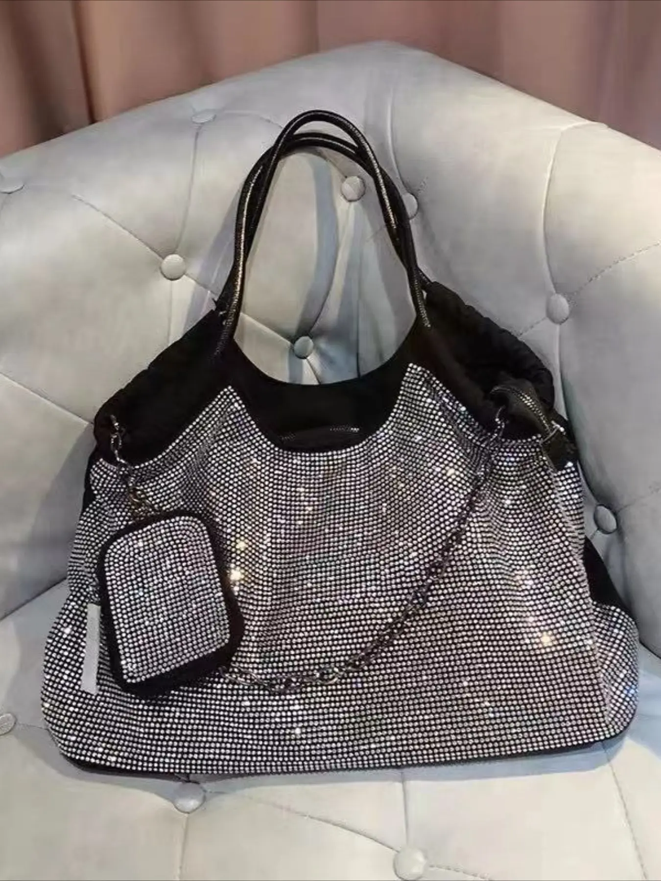 Ladies' rhinestone bag, Textured Bag, Rhinestone Bling Bag, shiny stylish bag, fashionable Oxford cloth lightweight travel bag, large capacity shoulder bag, Fashionable Crossbody Bag