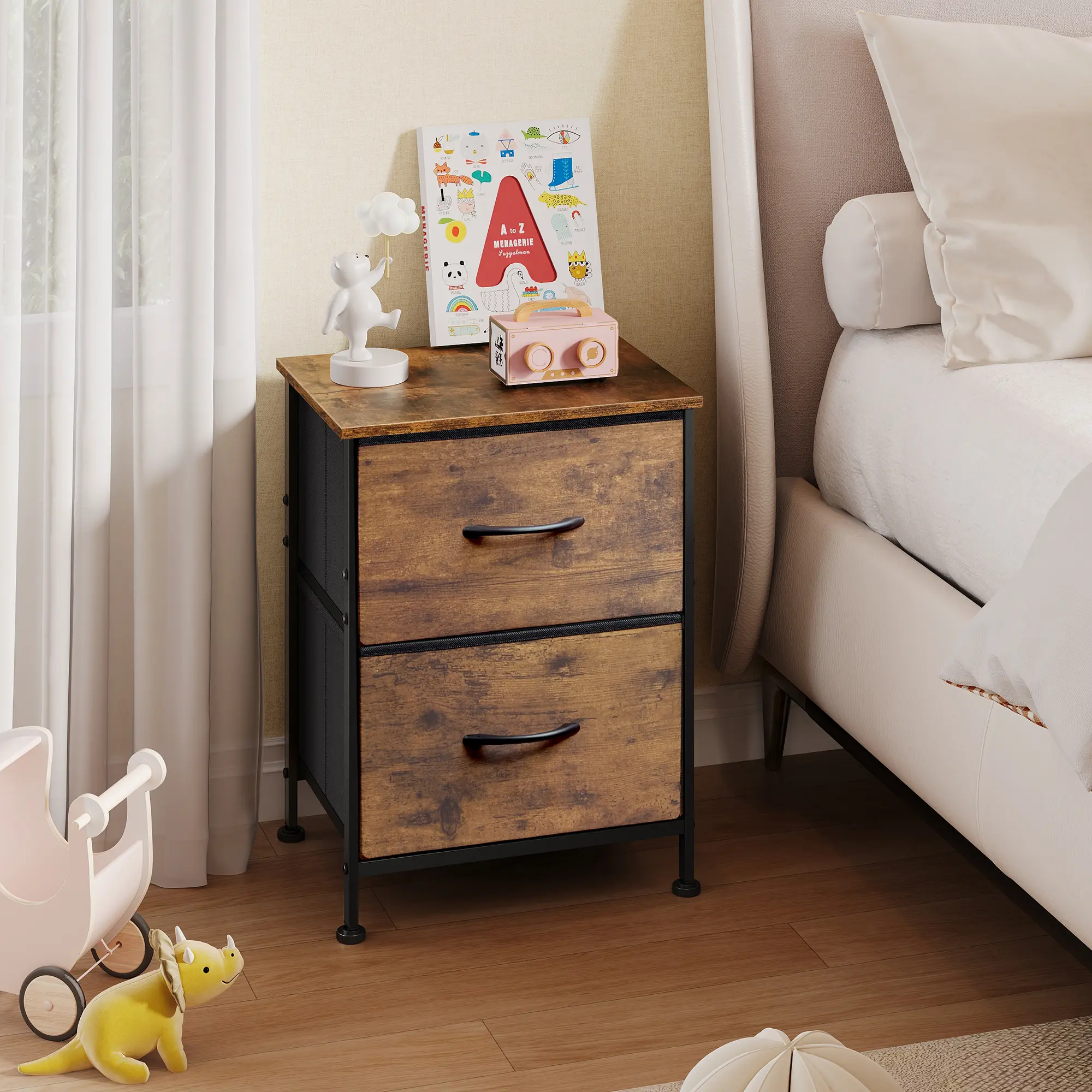 WLIVE 2-Drawer Small Dresser with Wooden Top - Metal Frame, 15.7" Space Saver, 2 Fabric Bins, Quick Tidy Bedside Table for Bedroom, College Dorm, 2Drawer Tidy