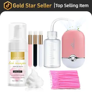 Lash Mousse Shampoo 3.38oz - Eyelash Extension Cleanser with Lash Brushes Set, Cleanser Brush, and Wash Bottle for Lashes Salon Cleansing Mascara Kit