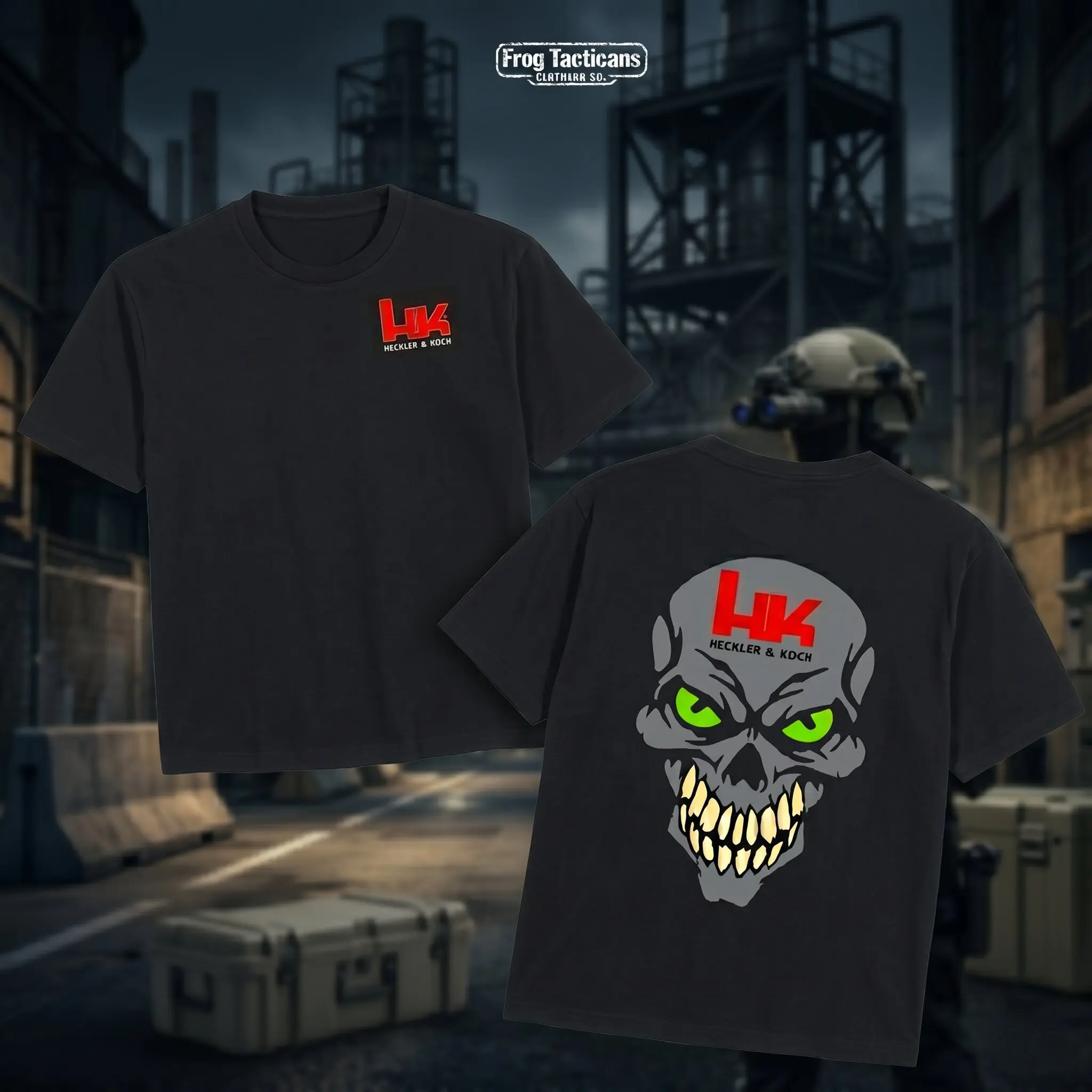 Heckler & Koch HK Skull Graphic T-Shirt | Tactical Firearms Fan Tee | Military Streetwear Gift for Him | Mens Black Cotton Tactical Gun Shirt