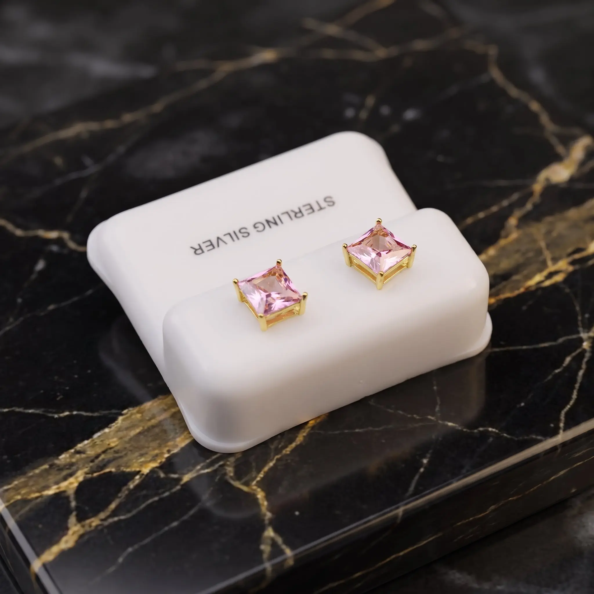Pink Sapphire Cz Earrings Square 14k Gold over 925 Sterling Silver