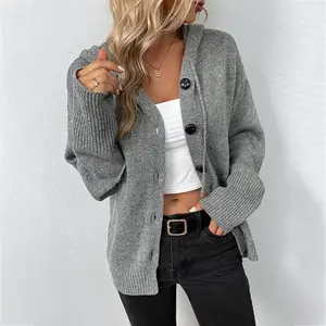 Solid Color Hooded Single-Breasted Sweater for Women 2025 Autumn Winter New Drawstring Knitted Cardigan Coat for Women Adjustable Button ckw1