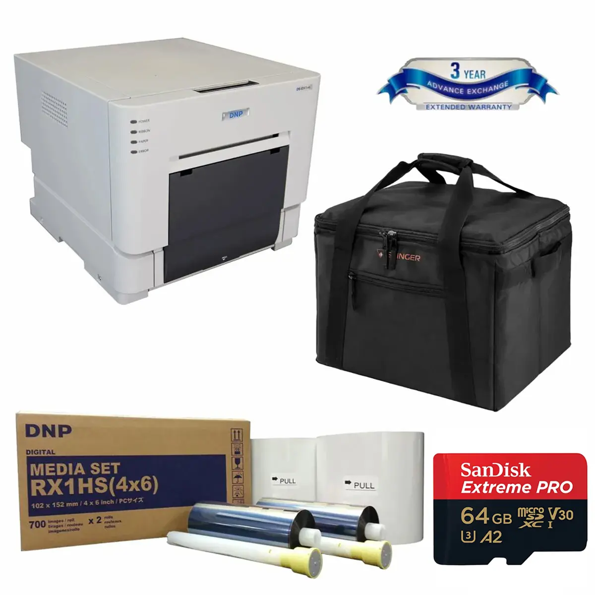 DNP DS-RX1HS Compact Event Photo Booth Portrait Dye-Sublimation Printer Bundle with DNP Print Media 4x6-inch, 2 Rolls + Slinger Padded Printer Carrying Case + 64GB SD Card + 3 Year Extended Warranty