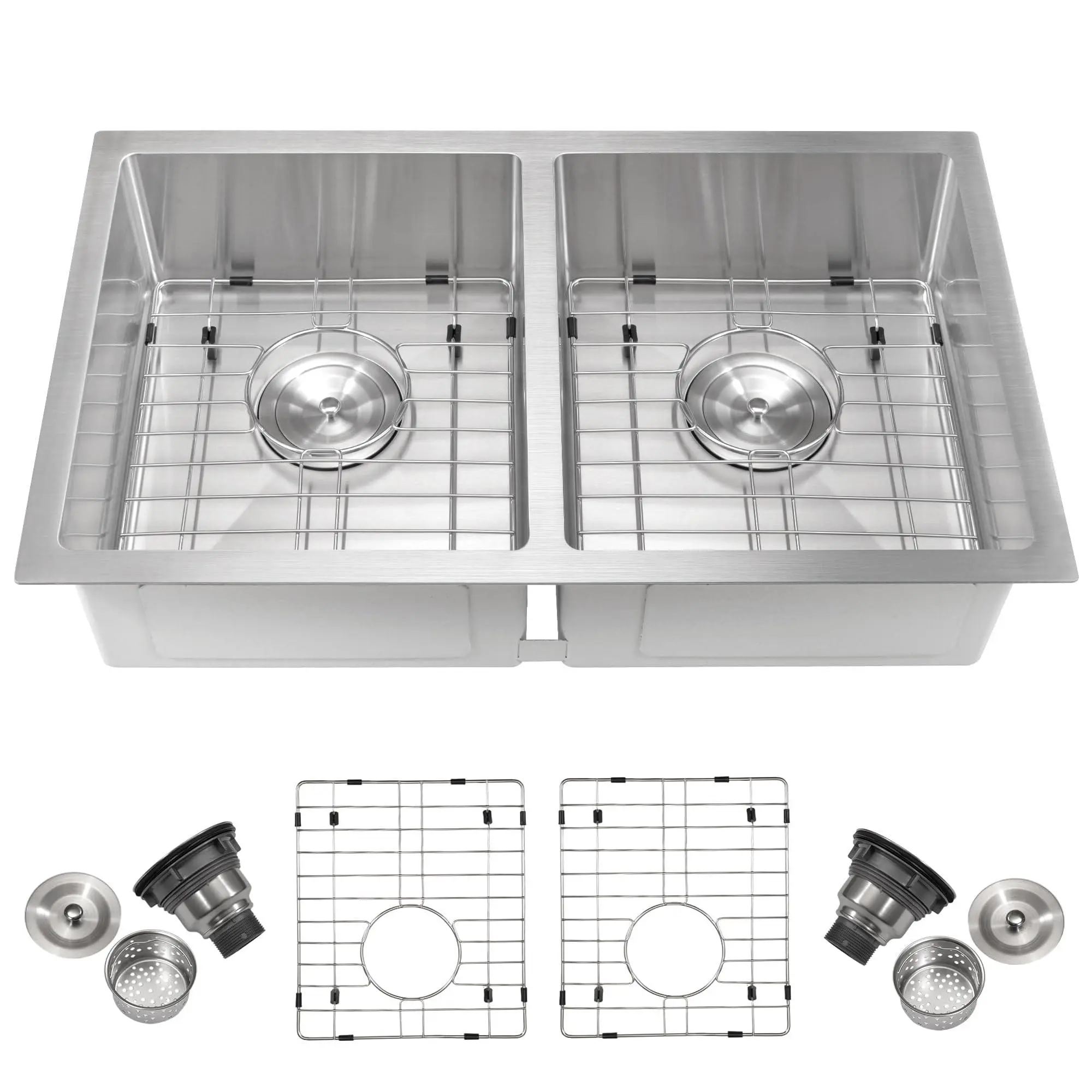 GARVEE Kitchen Sink,36×19×10 inch Double Bowl Undermount Stainless Steel Kitchen Sink, Brushed 304 Design with 2.0mm Rim, 1.0mm Bowl, Bottom Grates & Drain Kit Included